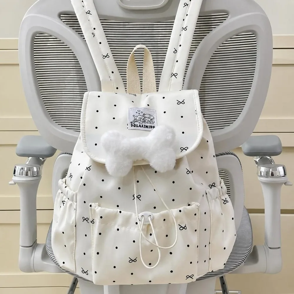 Sweet Drawstring Polka Dot Backpack Large Capacity Bowknot Double Shoulder Bag Ultra Light Nylon Commuting Backpack Travel