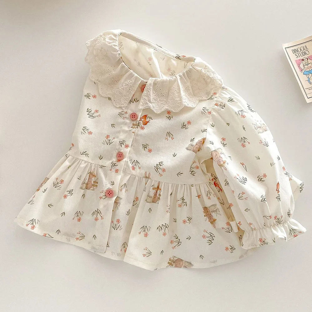 Girls Blouse Floral Cotton Collar Spring Toddler Long Sleeve Tops Princess 1st Birthday Kids Shirts Children\'s Clothing