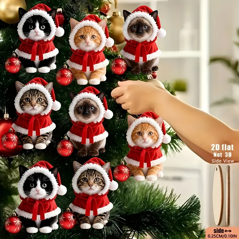 8/16 zufällig ausgewählte Kätzchen-förmige Ornamente mit Weihnachtsmützen, flache 2D-Feiertagsanhänger, Holz-Hängedekorationen, geeignet für Bäume, Heimdekoration, Partys und Weihnachtsgeschenke – Detail 5