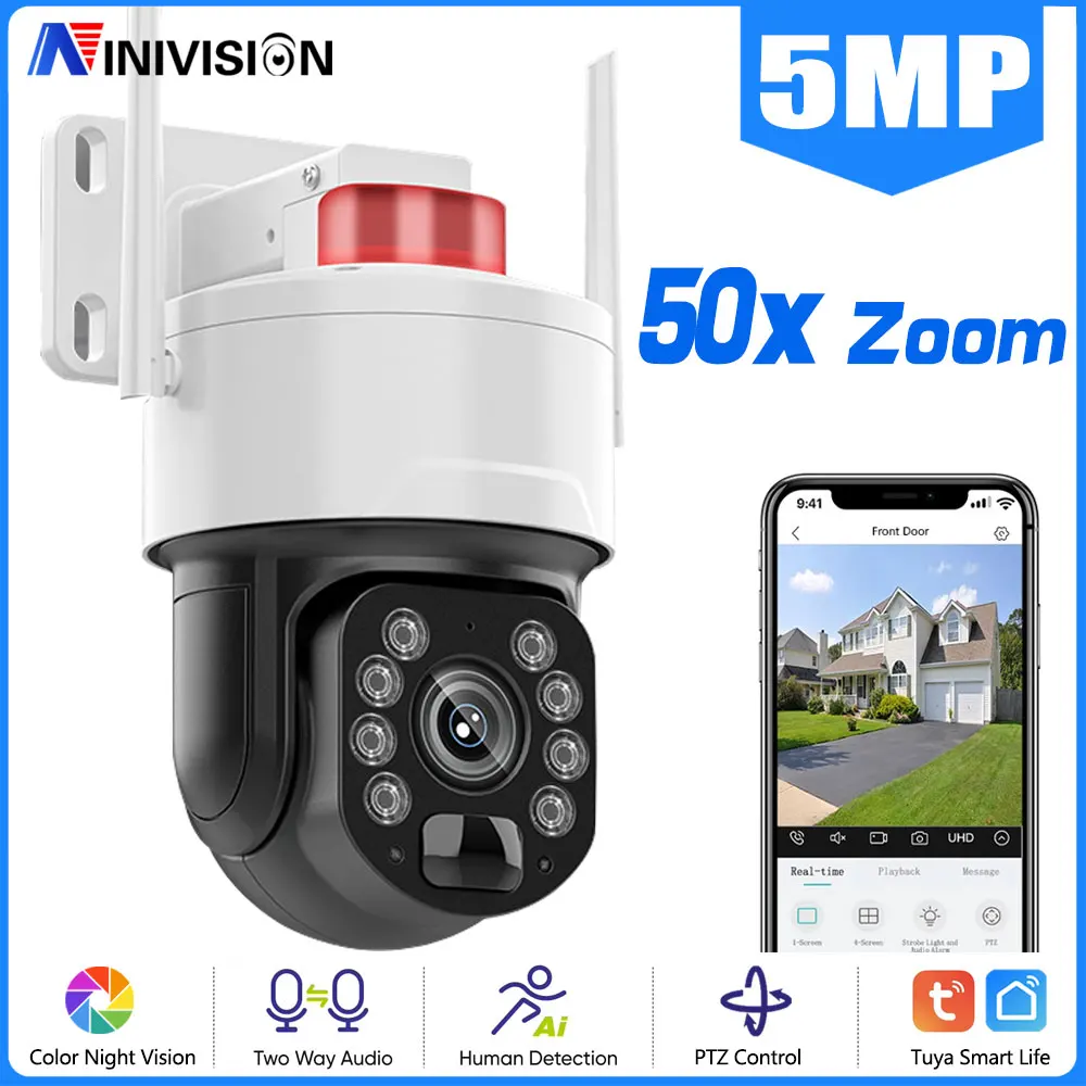 

5MP 50X Optical Zoom Tuya Smart Life PTZ Camera - Human Detection, Color Night Vision, WiFi, Audio, and Outdoor CCTV Security