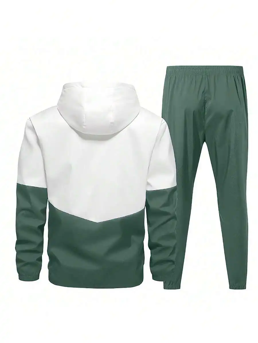 

Mens Two-Piece Casual Sport Set: White And Green Contrast Hooded Windbreaker With Matching Joggers