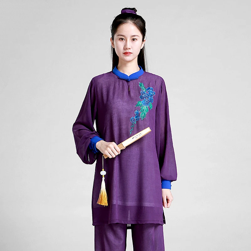 New Arrival Hand Painted Summer Tai Chi Uniform - Flowy Chiffon Linen Martial Arts Outfit for Baduanjin Performance