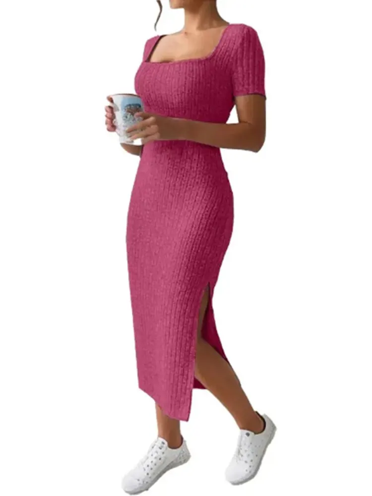 Summer Square Neck, Hip-Hugging Mid-Length Skirt, Short-Sleeved, Versatile Knitted Slit Dress image 5