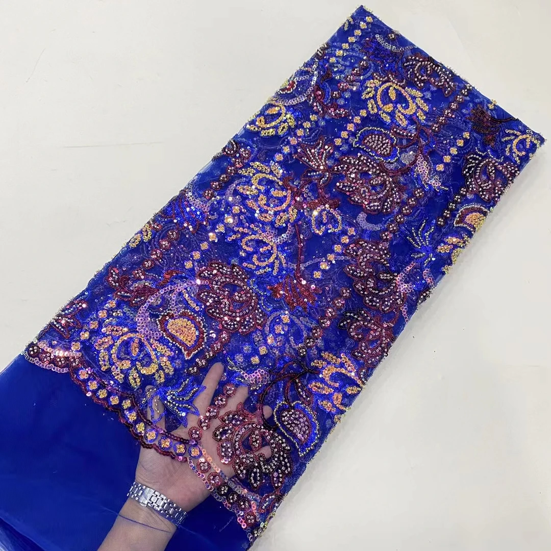 

New African Sequins Embroidered Mesh Lace Fabric 2023 High Quality Beaded Nigerian Lace Fabric Material For Party Dress KDP23217