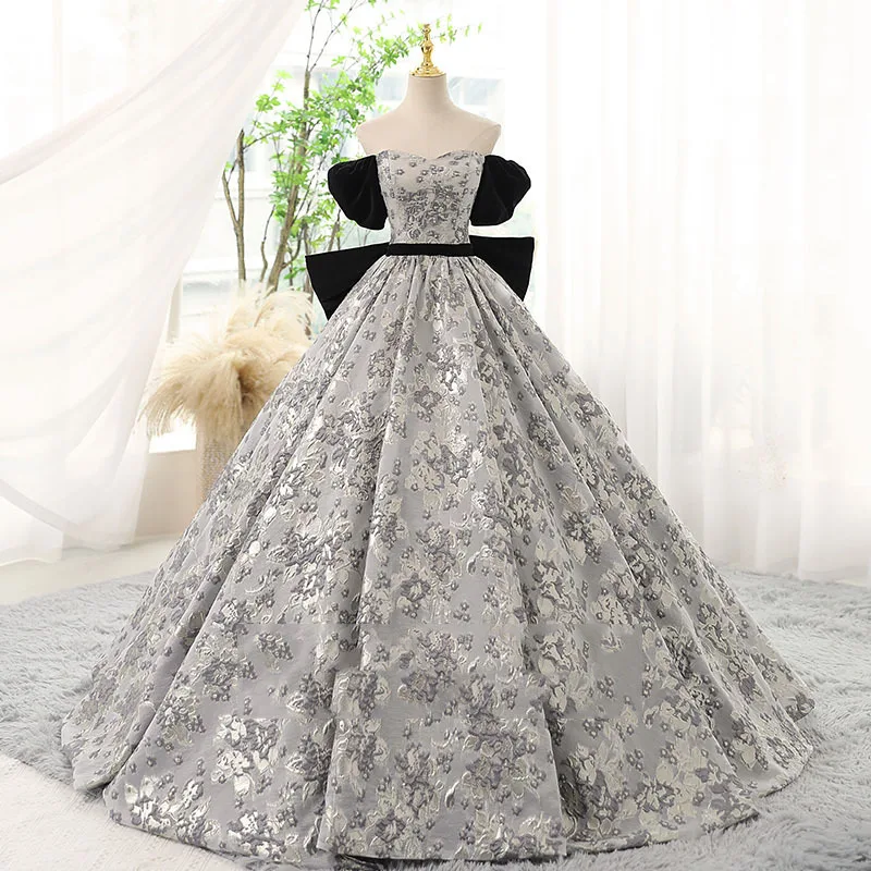 

Vintage Printed Evening Dress Luxury Satin Temperament Off Shoulder Formal Banquet Vestido Elegant Big Bow Princess Ball Gown