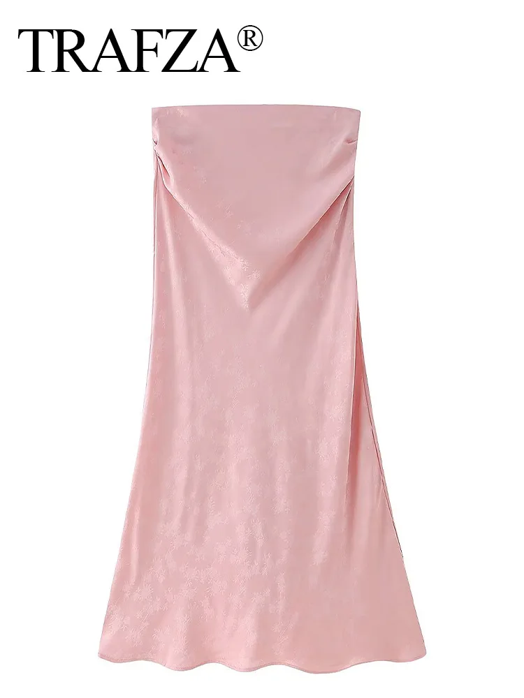 

TRAFZA Women's Summer New Fashion Pink Silk Satin Textured Jacquard Skirt Female Chic Elegant Zipper Slim High Street Long Skirt