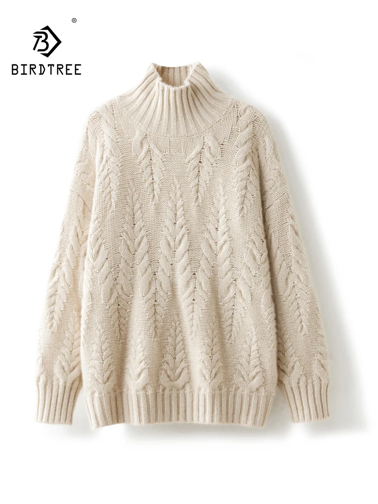 BirdTree, 100% Cashmere Elegant Sweater, Women Long Sleeve Turtleneck, Basics Warm Knitted Pullovers, 2024 Fall Winter T474118QC