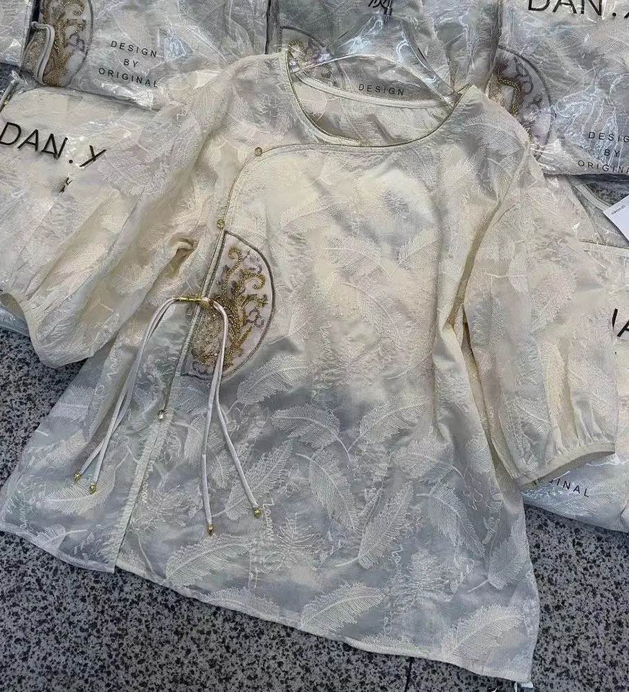 Floral Embroidered Jacquard Blouses Women Round Collar Loose Retro Tops Chinese Vintage Ethinic Style Shirts Oversized