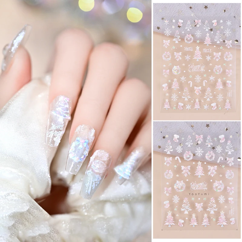 Christmas Nail Stickers Shiny Seashells Light Nail Art Parts Stickers Cute Snowflakes Star Wreath Nail Decorations Decals