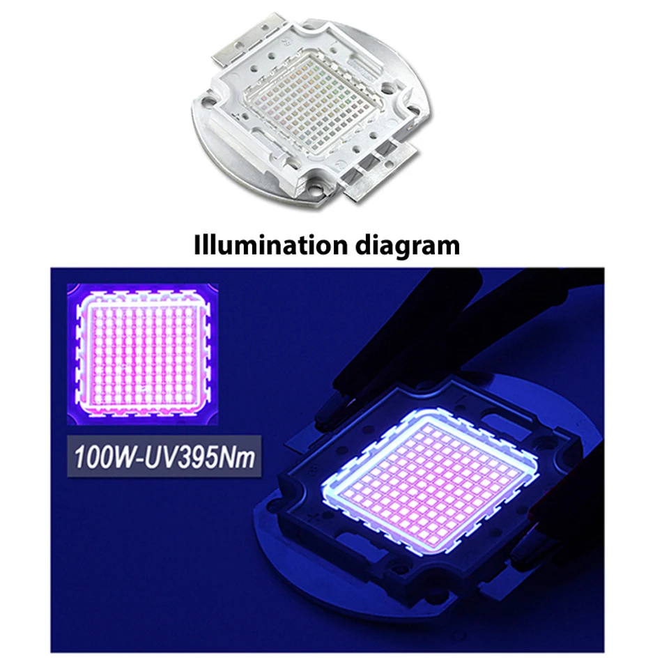 Chip LED ultravioleta UV de alta potencia, 395nm, 3W, 5W, 10W, 20W, 50W, 100W, color púrpura