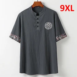 9XL Big Size T-shirt Men Summer Half Sleeve Linen Tshirt Casual Linen Tees Tops Male V-neck Embroidery T Shirt Plus Size 9XL