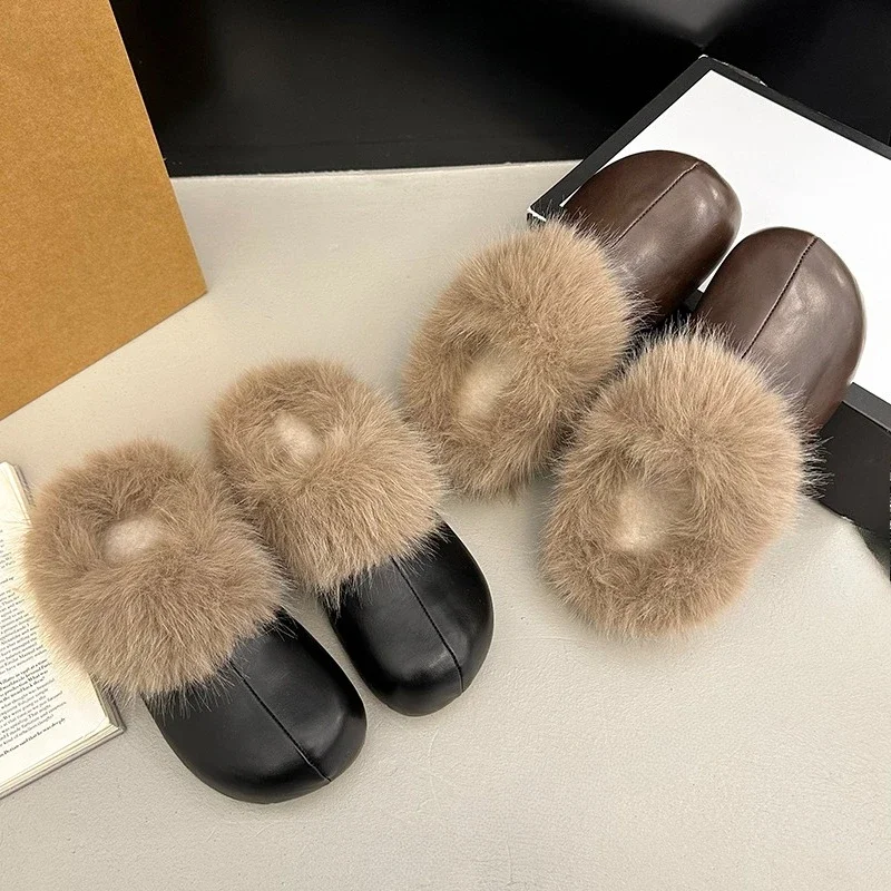 

Waterproof Baotou Slippers 2025 Winter New Round Toe Plush Warm Non-slip Flat Cotton Shoes