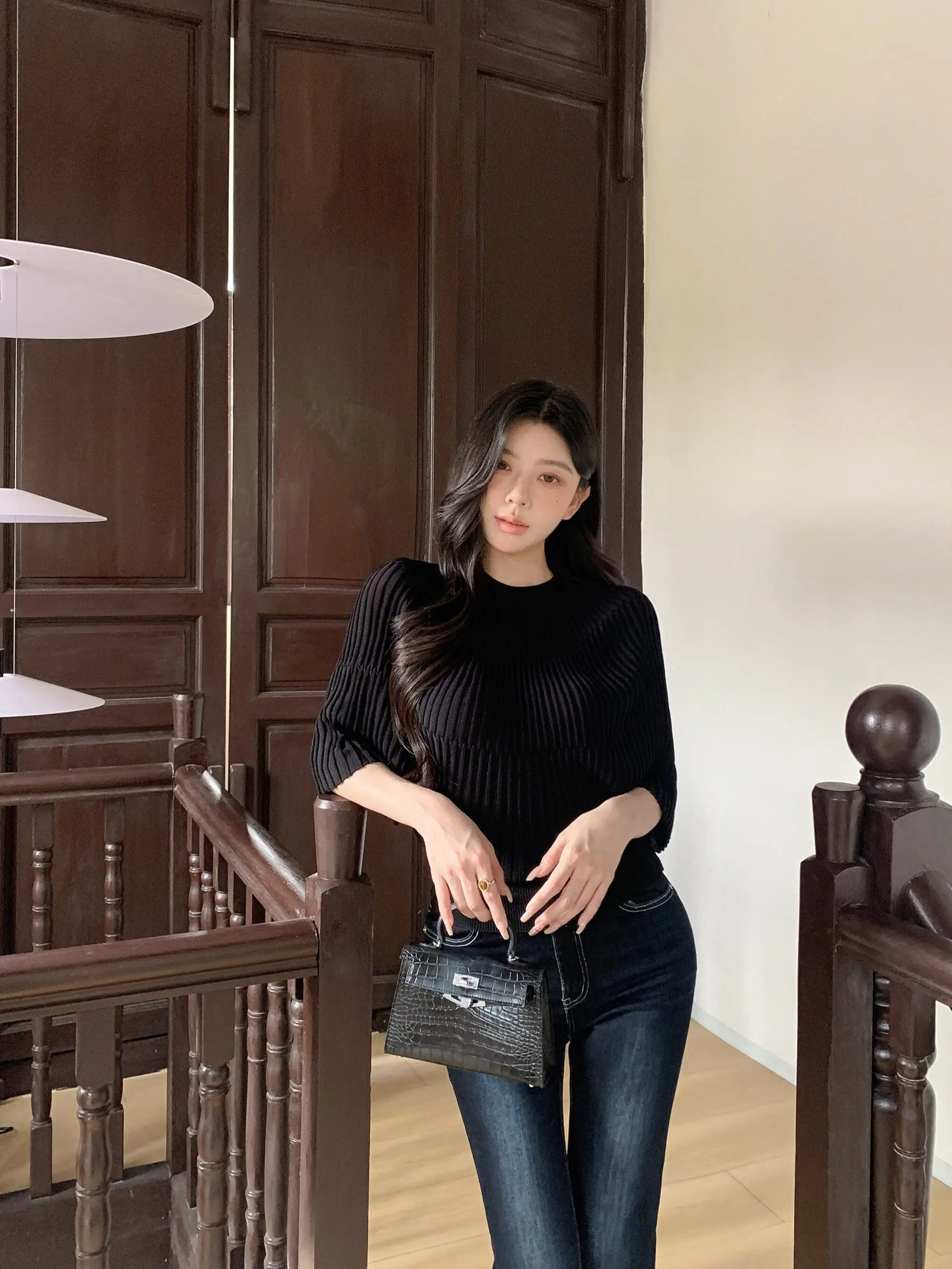 

Kumikumi Women's Black Batwing Sleeve Knitted Sweater And High Waist Jeans Slimming Summer Fashion Two Piece Set Casual Style