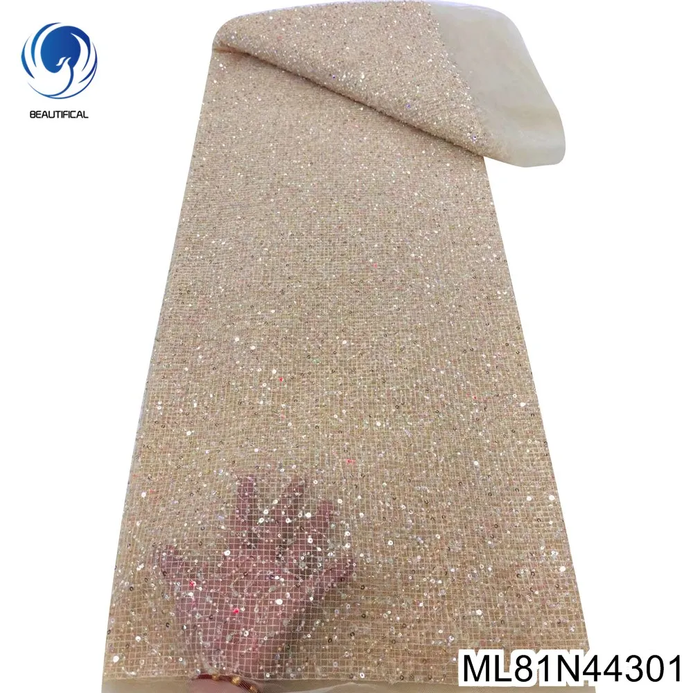 

French Version Soft Fabric ，beautiful Small Mesh Design ，African Tulle Lace, Sequins and Beads Craft Evening Dress, ML81N443