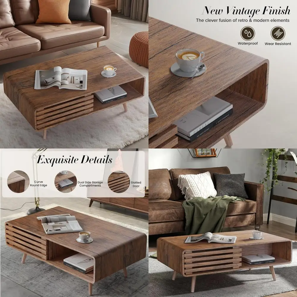 

Farmhouse Style Living Room Coffee Table with Storage, Easy Assembly, Suitable for Various Home Styles, Walnut Finish