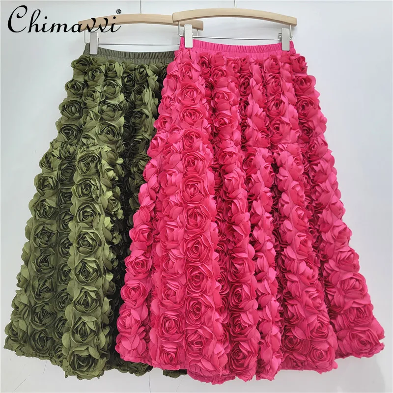 2024 Autumn New French 3D Flower High-waisted Pendulum Skirt Fashion Sweet Girls Temperament Mid-length Womens A-shaped Skirts