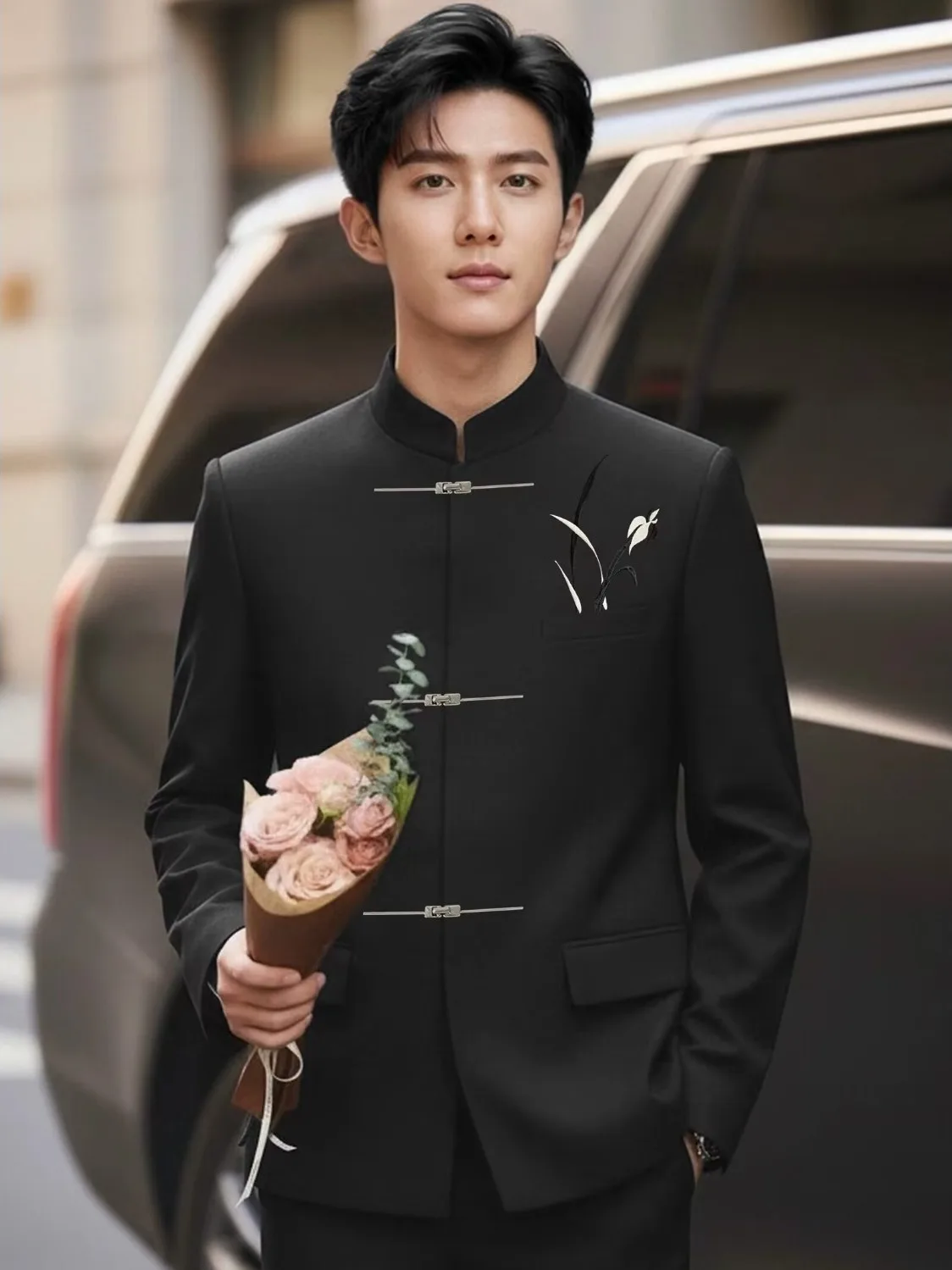 New Chinese Style Men's Black Stand Collar Suit Jacket Bamboo Embroidery Wedding Engagement Ceremony Traditional Costume