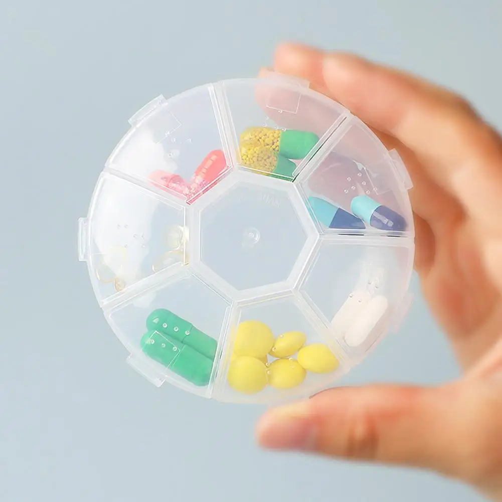 Round Pill Case Plastic 7 Days Weekly Tablet Candy Box Multi-purpose Mini See-through Lid Weekly Pill Container for Travel Home