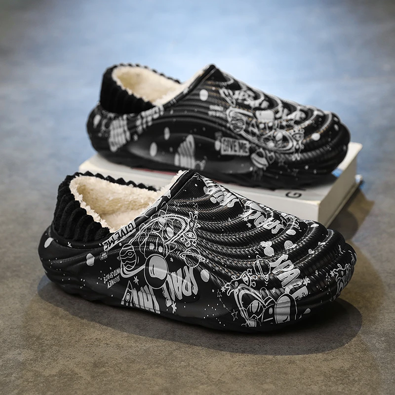 Unisex Cotton Slippers Winter Warm Plush Clogs for Men Anti-slippery Waterproof House Slides Casual Slip Ons Cotton Shoes Indoor