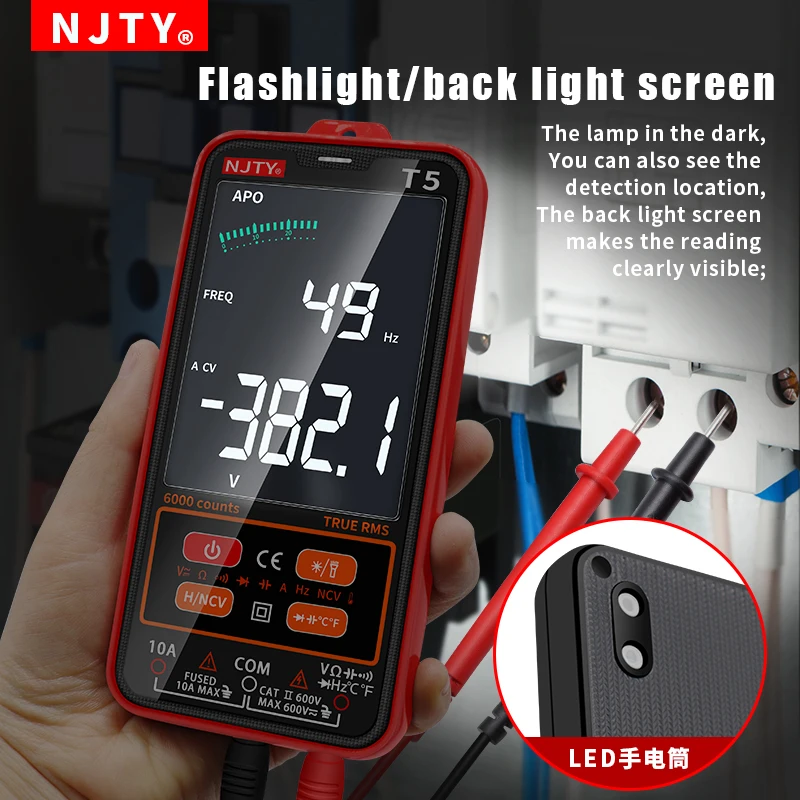 NJTY Smart Digital Multimeter AC DC 600V Voltage 10A Current True RMS Multimetro 6000 Counts Ohm Professional Electrician Tester