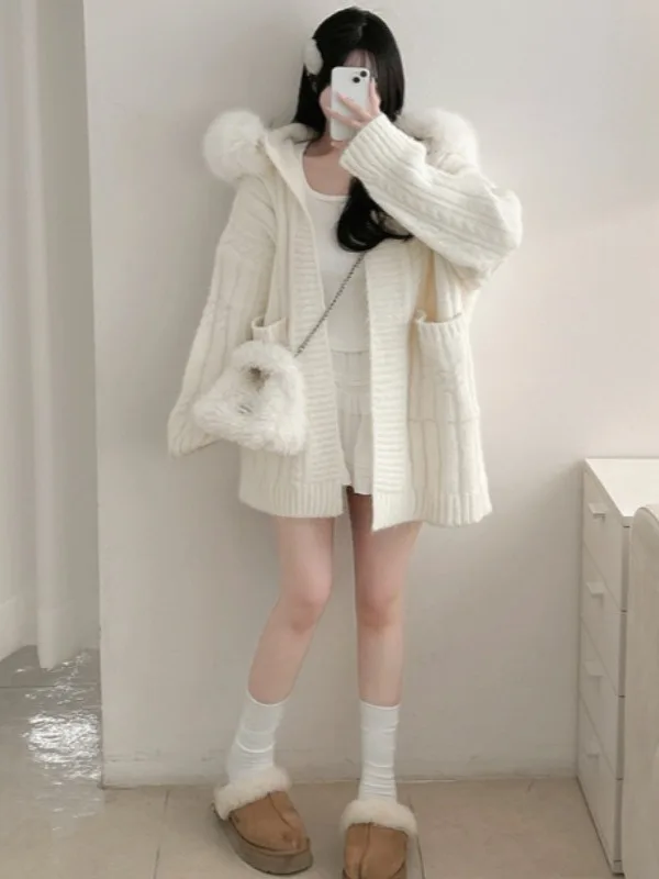 Koreaanse Sle Zacht Open Vest Vrouwen Herfst Winter Nieuwe Grote Bontkraag Lange Sve Gebreide Losse Halflange top