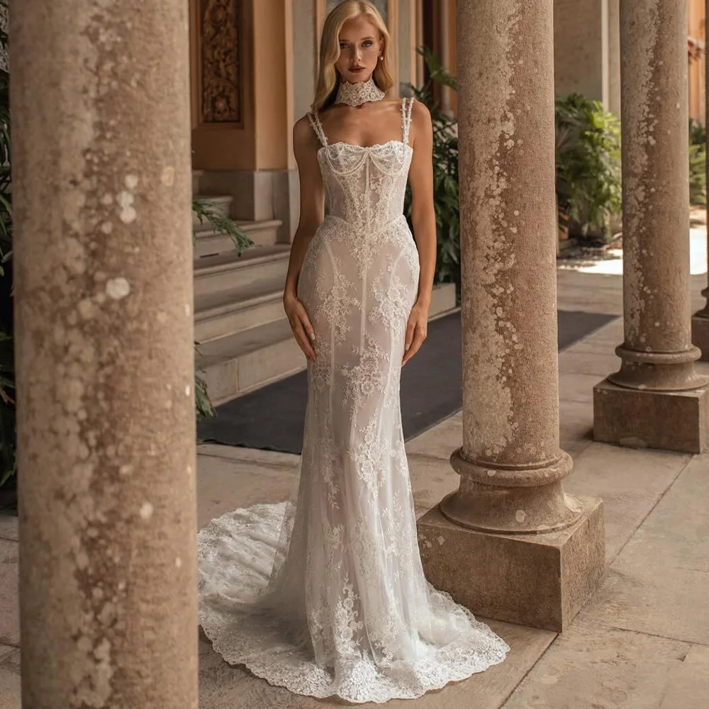 Elegant Beading Spaghetti Straps Vestido De Novia Customized Mermaid Lace Wedding Dress Modern Appliques Strapless Bridal Gowns