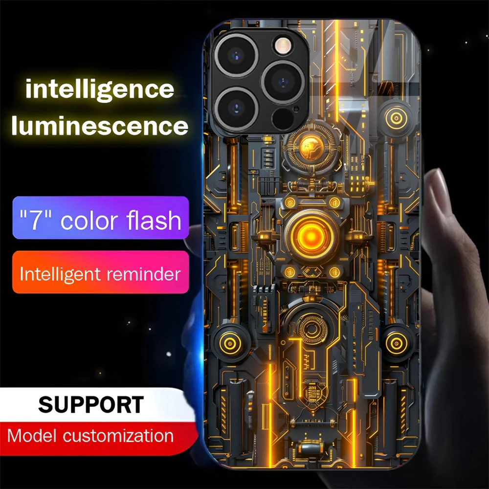 

Machinery Wheel Luminous Phone Case LED Light Glass Shockproof Cover For iPhone 16 E 15 14 13 12 11 Pro Max XR XS Plus