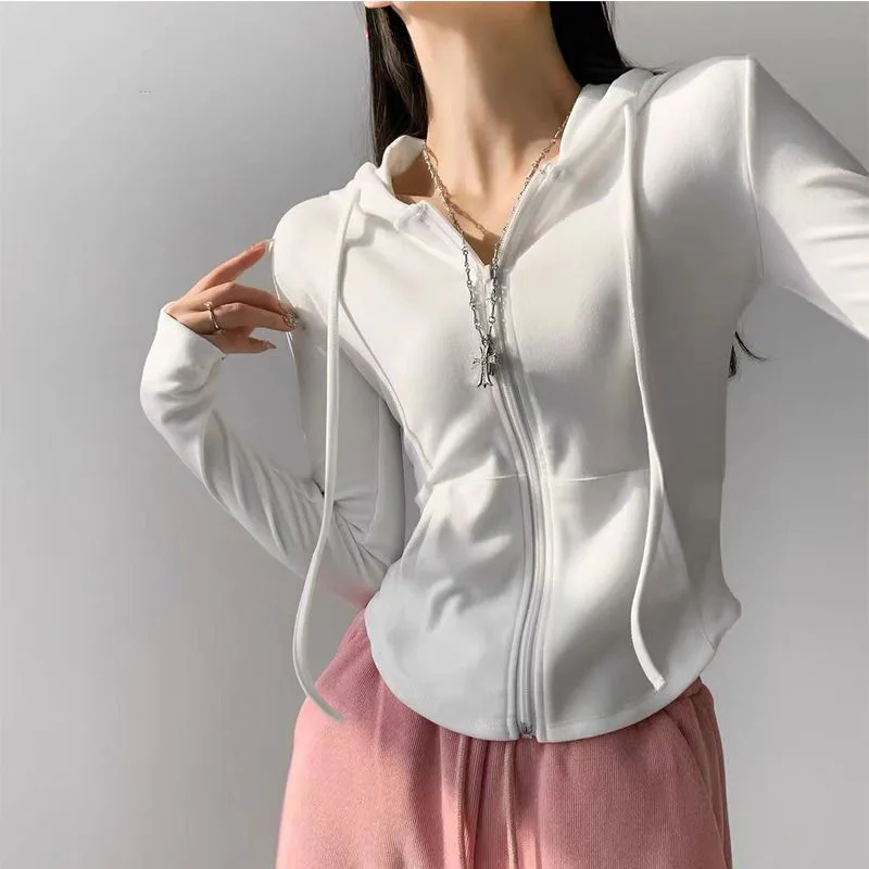 Autumn Solid Cardigan Hoodies Zipper Tops Women Korean Spring Slim Long Sleeve Hooded Short Coat Y2k Vintage Student Sweatshirt