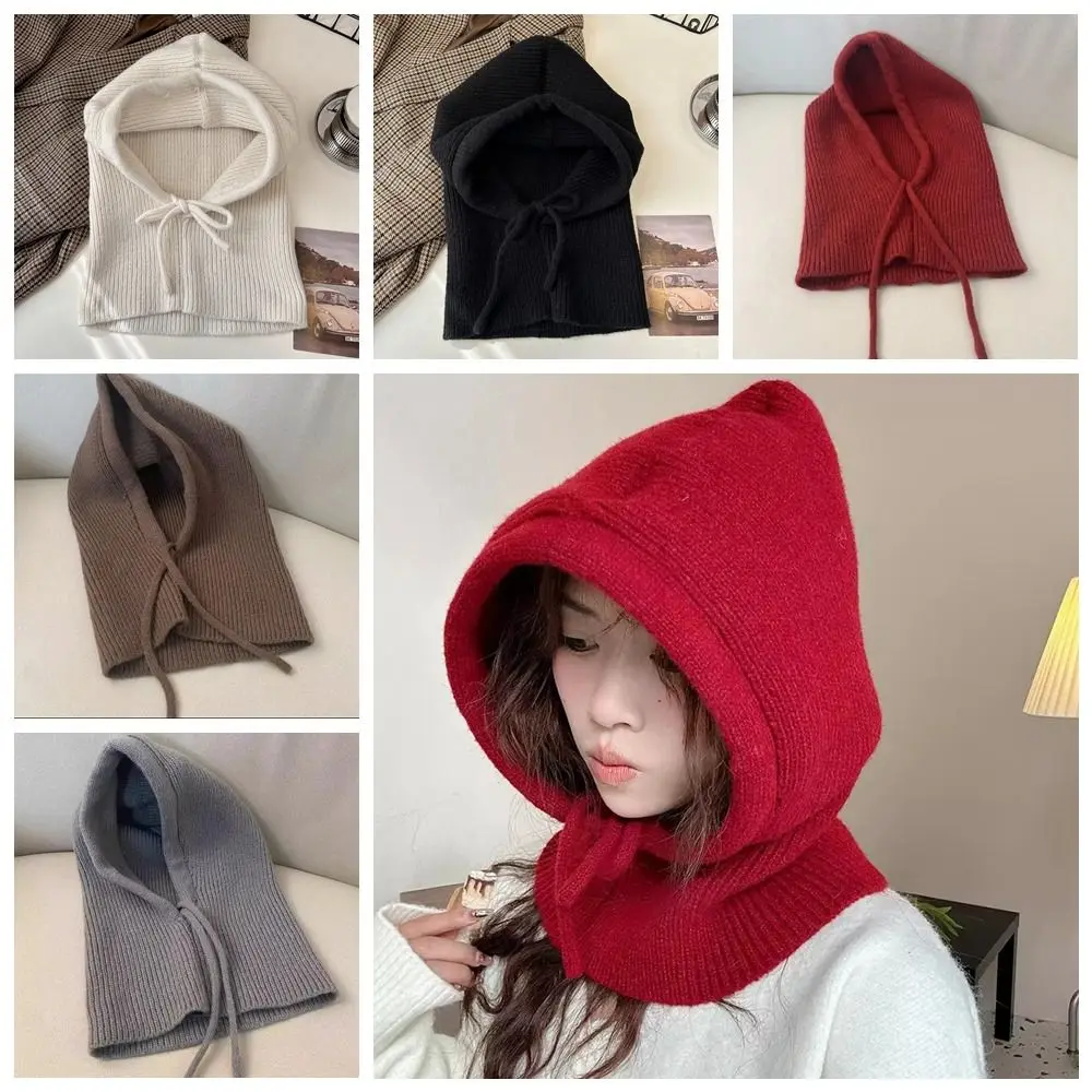 Fashion Windproof Knitted Balaclava Hat Woolen Solid Color Hooded Cap Ear Protection Polyester Pullover Cap Outdoor