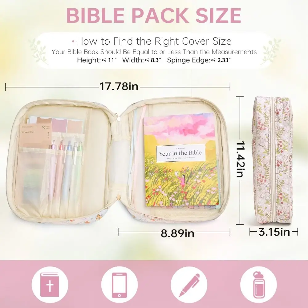 Quilted Bible Cover Case for Women with Pen Stickers Large Bible Case Protective Dust-proof Storage Bags for Church Prayer