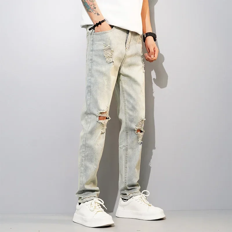 

Four Seasons Men's American High Street Hole Patched Loose Straight Vintage Jean Pant Casual Washed Yellow Mud Color Denim Jeans