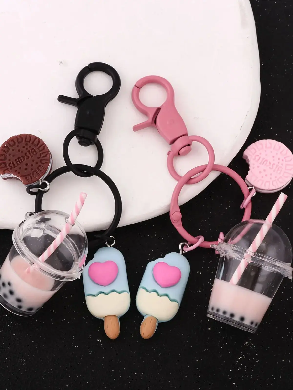 Porte-clés en forme de Biscuit de thé à bulles de crème glacée rose, ensemble de porte-clés mignons pour femmes et filles, sac à main d'amitié, bijoux cadeau