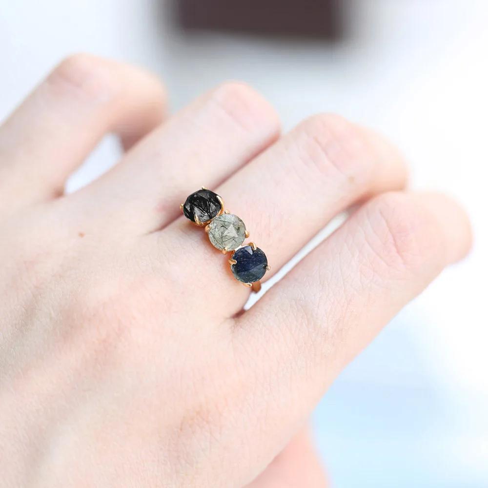LAMOON  925 Silver Ring For Women 3 Color Natural Quartz Rutilated 14K Light Gold Plated Fine Jewelry Crystal Ring LMRI160