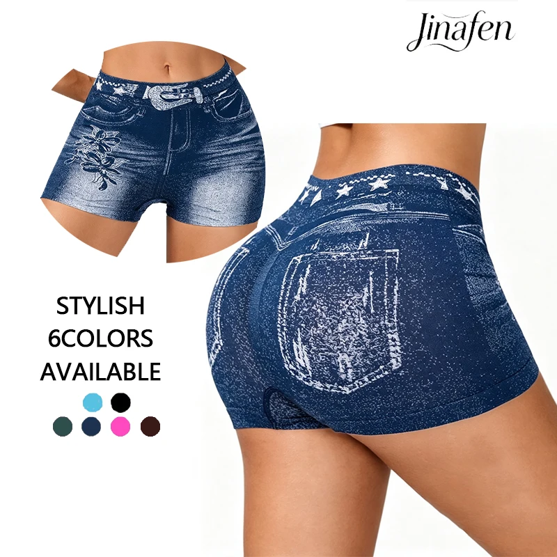 New Women Fake Denim Print Shorts High Waist Butt Lifting Stretchy Workout Shorts Floral Pattern Casual Fitness Yoga Short Pants