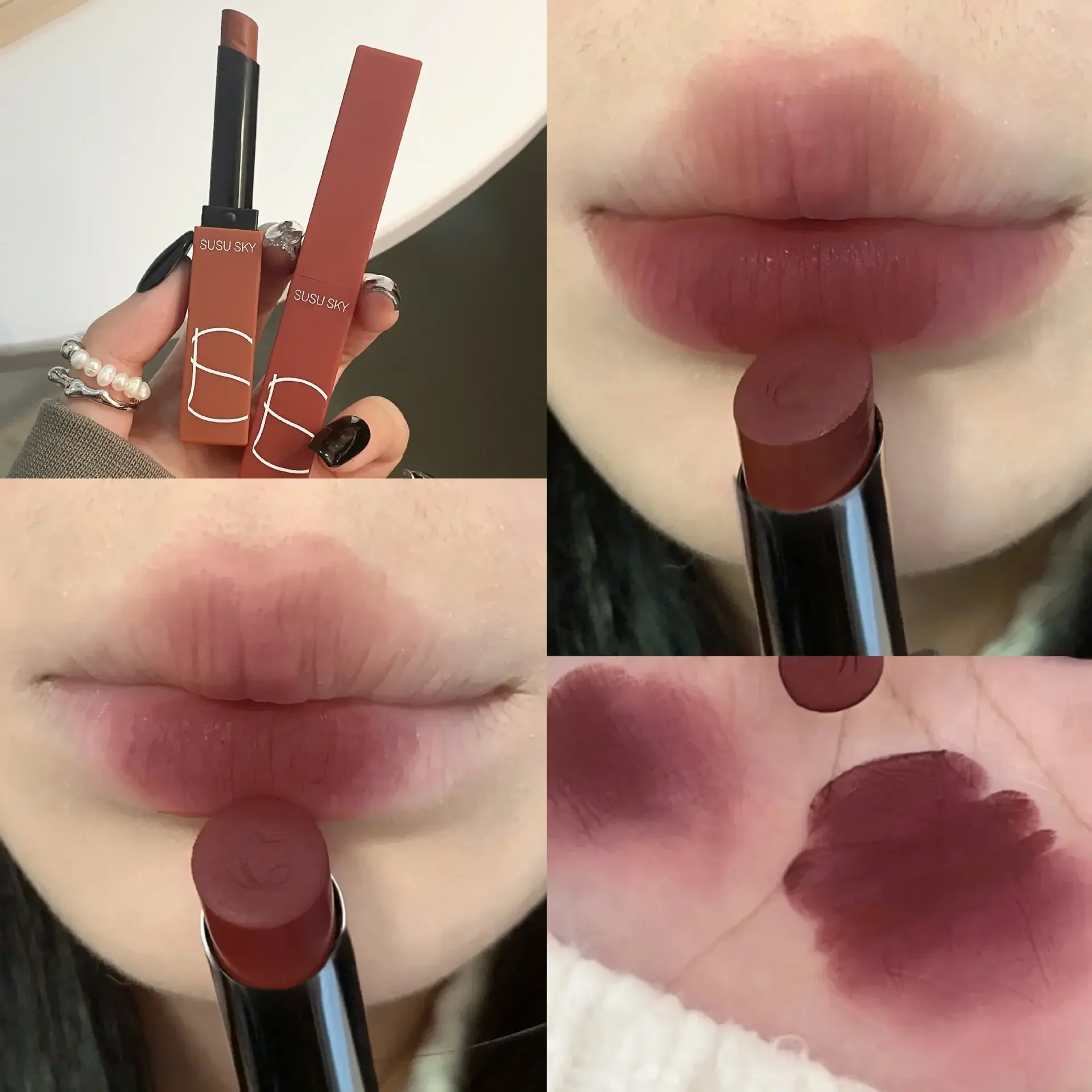 

SUSU SKY Matte Lipstick Longlasting Small Red Tube Vevelt Genuine Thin Tube Nonstick Cup Lip Glaze Slightly Tipsy Rose Makeup