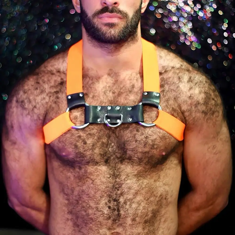 

Men's Harness Leather Gay Orange Elastic Chest Harness Bondage Black Leather Men Accessories Upper Nighclubwear