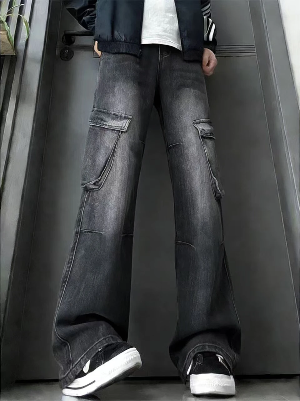 

Waed Bla Loose Straight Leg Jeans Men's Sle Woout Wide Leg Workwear Trousers Multiple kets Faux Fur Trim Casual Pants