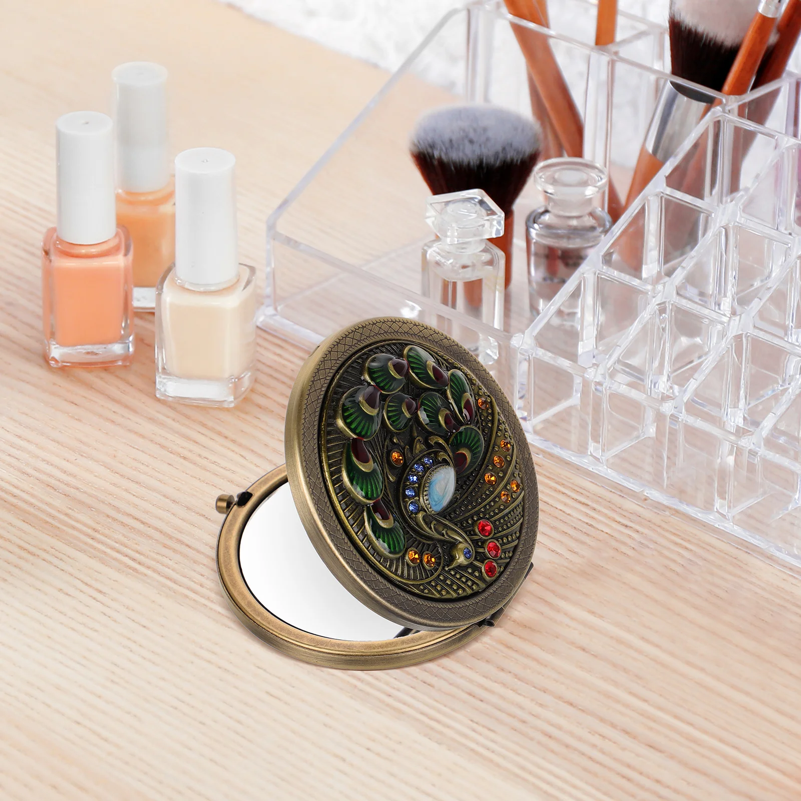 

Vintage Peacock Folding Makeup Gold Compact Portable Small Round Women Travel Daily Use Durable Metal Foldable Pockets Mirror