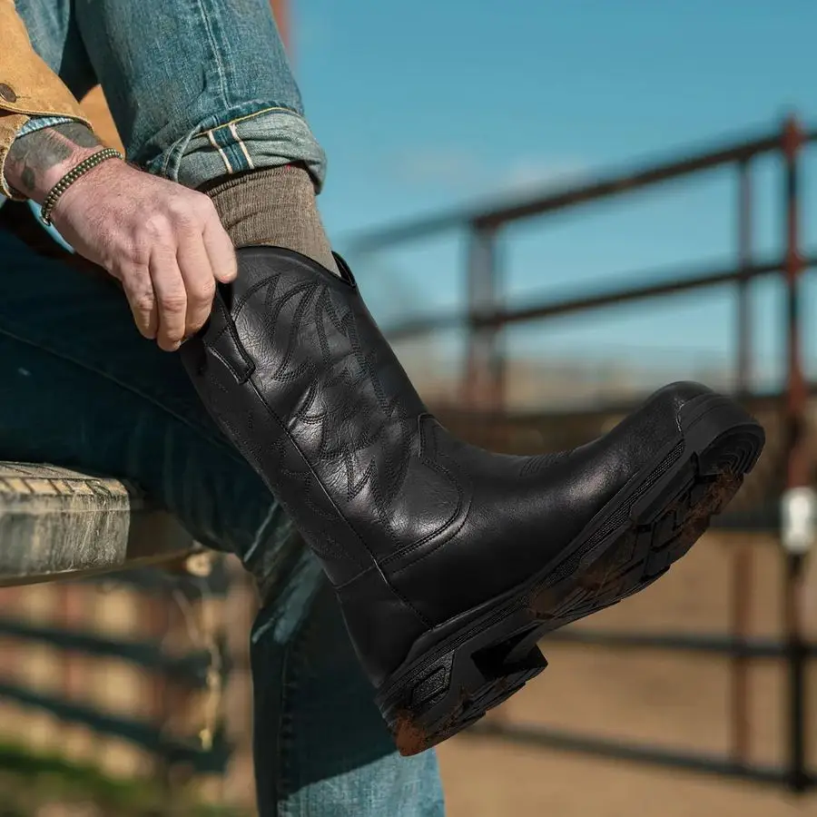 كاوبوي أحذية عمل للرجال مقاوم للماء ساحة تو الجلود الأحذية الغربية مقاومة للثقب غير قابل للتدمير الصلب تو أحذية السلامة f