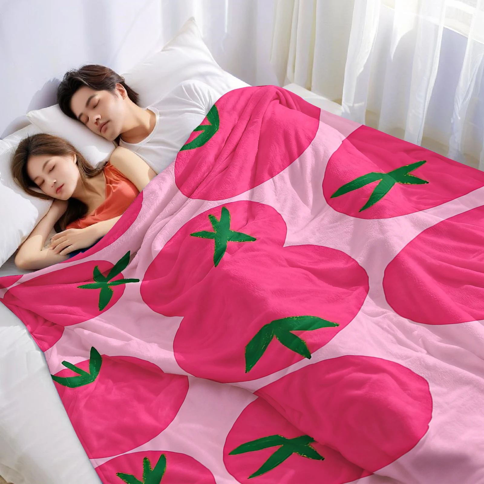 Pink Tomato Fruit Cartoon Anime Print Flannel Blanket Soft Warm Throw for Kids Bedroom Sofa Bed Christmas Office Car