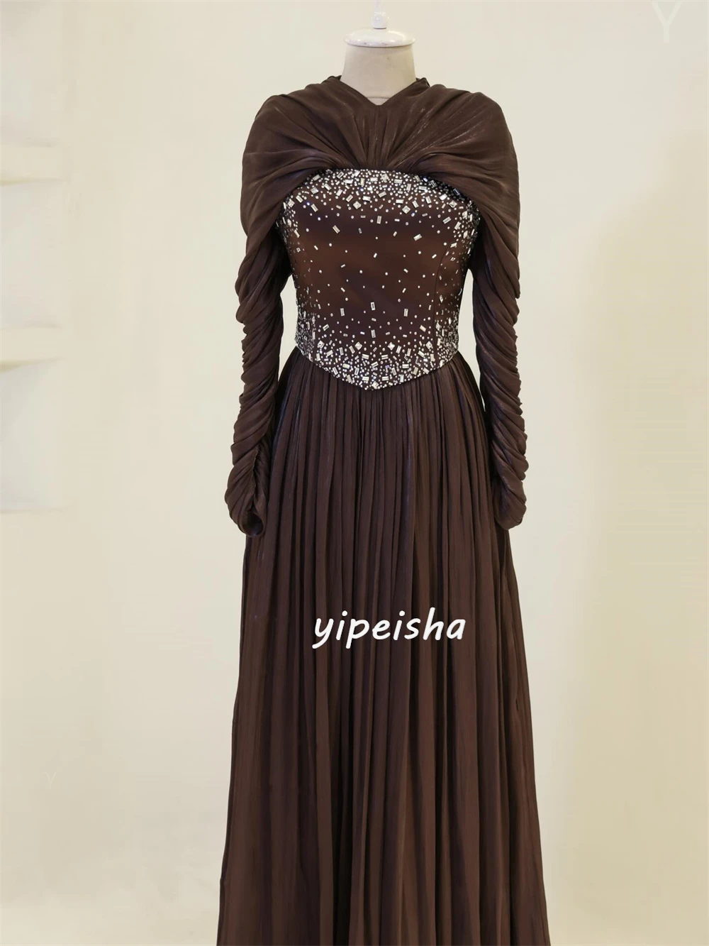 Customized High Quality Women Rhinestone Ruched A-Line Evening Dresses Intricate O-Neck Long Sleeves Floor Lenght Prom Dresses