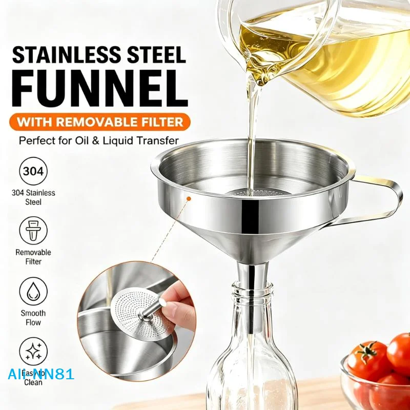 【N】304 Food Grade Stainless Steel Funnel Set With Wide Mouth Handle Perfect For Kitchen Transfer Honey Jam Oil
