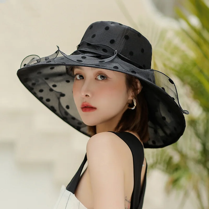 New Mesh Wave Edge Wide Brim Polka Dot Sun Hat Women Thin Summer UV Protection Versatile Sun Cap Dropshipping