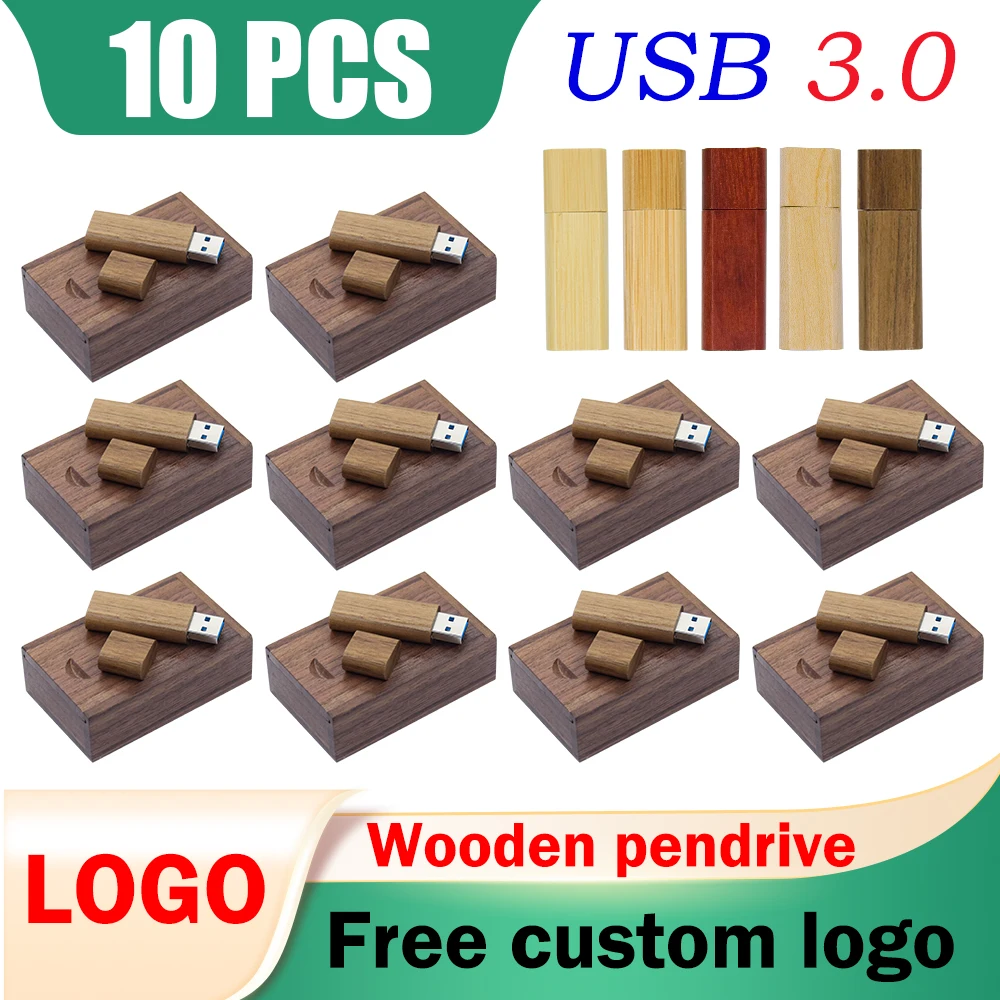 10PCS LOT Wooden Box USB 3.0 Flash Drives 128GB Free Custom Logo Pen Drive 64GB High Speed Memory Stick 32GB 16GB 8GB 4GB