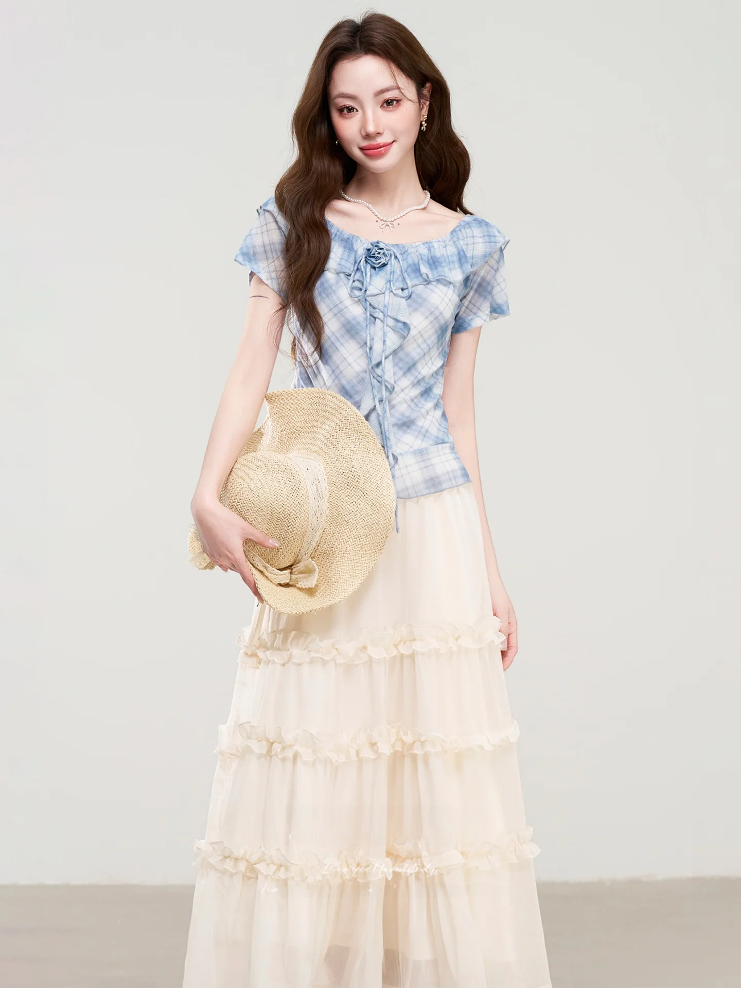 

Summer Fashion Set Women's Checkered One-Shoulder Top with Skirt Half-length Bells Two-piece Korean Style Casual Wear