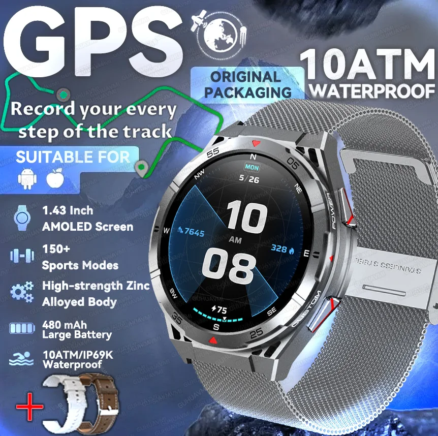 2025 GUHUAVMI GPS Professionelle Outdoor-Übungs-Smartwatch 1,45 Zoll Ultra HD integrierter GPS-Kompass BT-Anrufe 480 mAh Gesundheitstestuhr 3