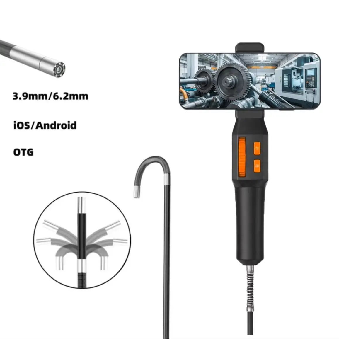 

3.9mm/6.2mm 360° Articulating Borescope Endoscope Camera with Light, Industrial Endoscope for Android/iOS Phone