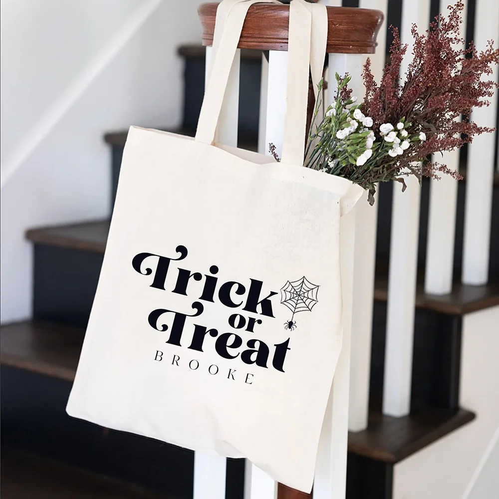 

Personalized Name Trick or Treat Favor Bag Spider Web Halloween Decoration Treat Candy Bag Gothic Bachelorette Party Gifts