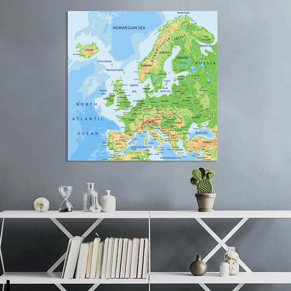 Mapa del terreno de Europa en inglés, pintura en lienzo no tejido de 150x150cm, póster de pared grande, decoración del hogar para aula, suministros escolares