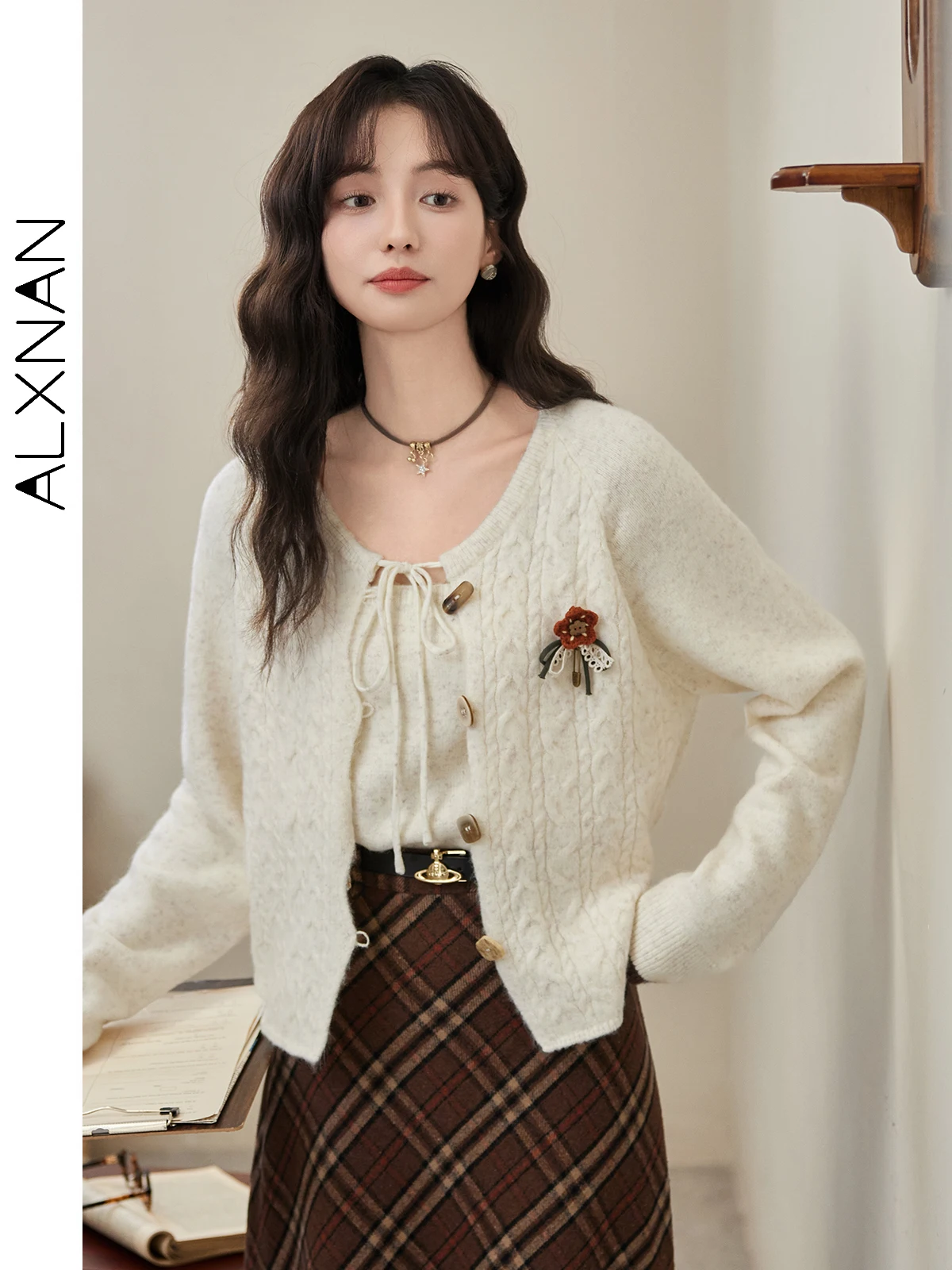 

ALXNAN Women's 2 in 1 Knit Cardigan Sweet Lace-up Raglan Sleeve Chic Resin Clasp Flower Brooch 2024 Fall Winter Lady Coat L50630